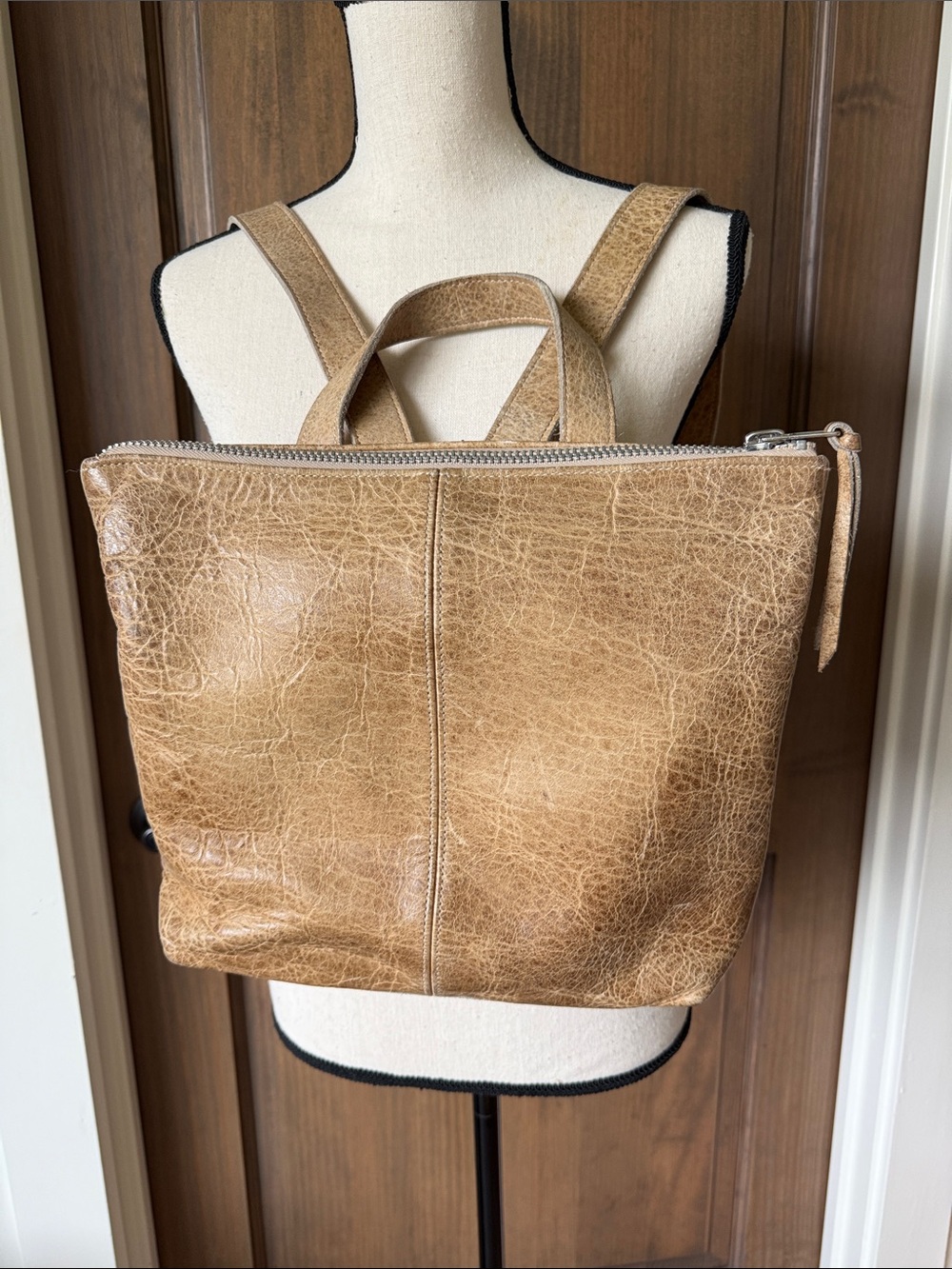 Ann Everett Chicago Custom made back pack. Textured Tan Leather Backpack Tote